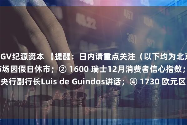 GGV纪源资本 【提醒：日内请重点关注（以下均为北京时间）】① 全天 日本市场因假日休市；② 1600 瑞士12月消费者信心指数；③ 1650 欧洲央行副行长Luis de Guindos讲话；④ 1730 欧元区1月Sentix投资者信心指数；⑤ 时间待定 二十届中央纪委五次全会将于1月1